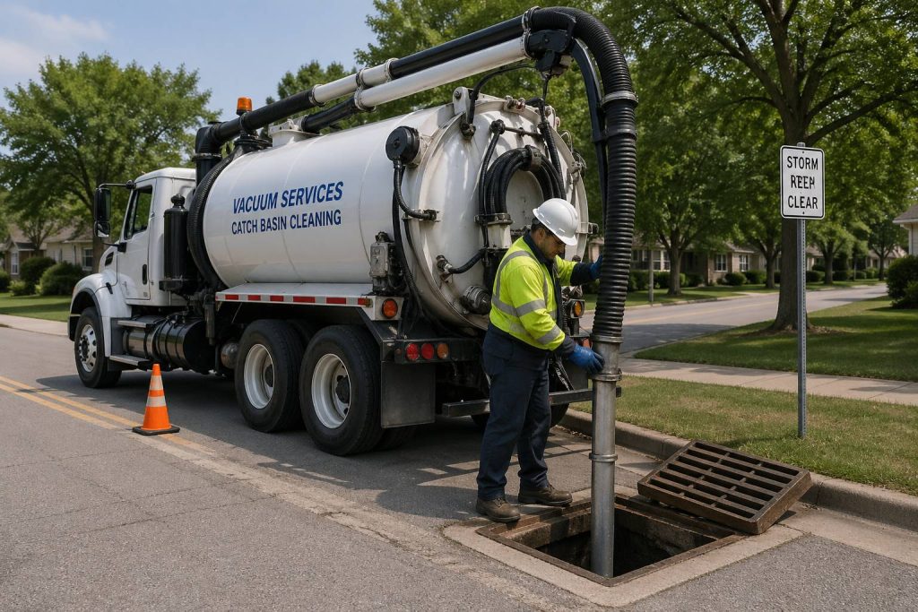 Vacuum truck used for catch basin cleaning to remove sludge and restore drainage flow