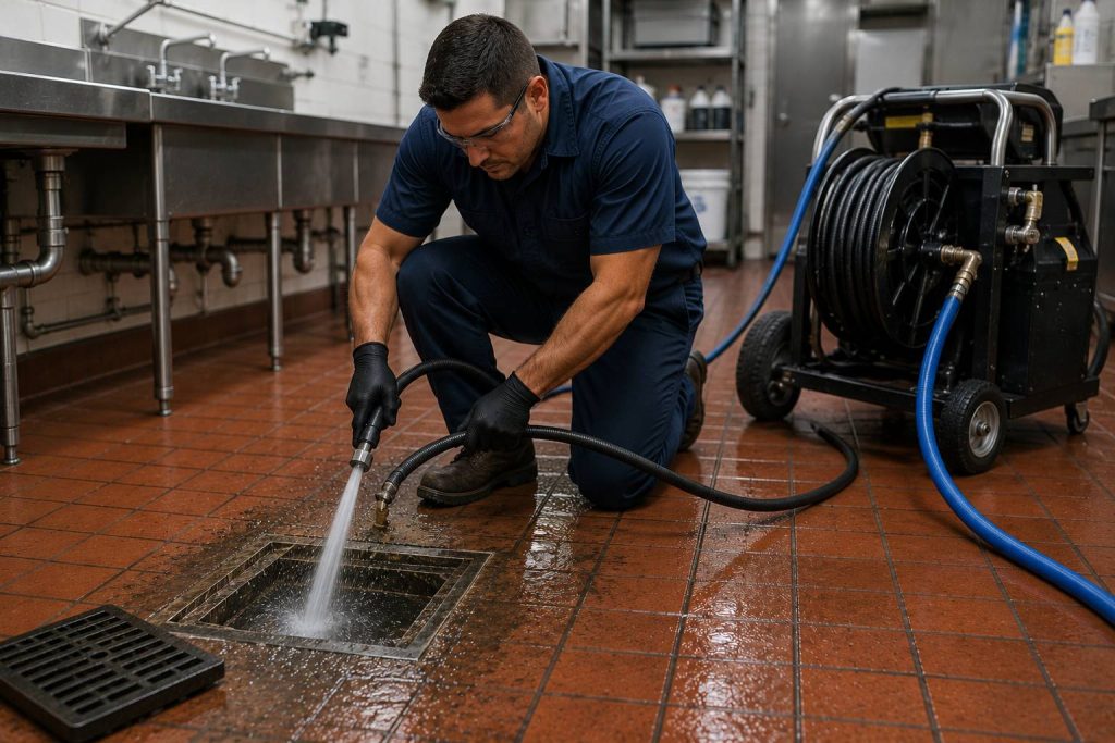 Technician performing commercial drain cleaning with hydro jetting equipment inside a commercial property.